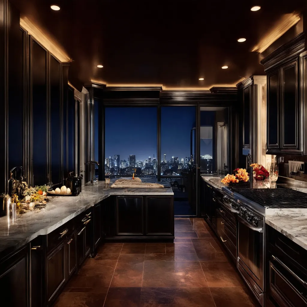 Prompt: Design an interior scene kitchen inspired by a "Scarface"-themed Los Angeles mansion belonging to a drug lord, reflecting opulence, power, and a touch of danger. The living room should exude luxury with a mix of dark colors and bright, blurry lights, creating a dramatic contrast. The design should include a view of the LA skyline, highlighting the wealth and status of the owner.