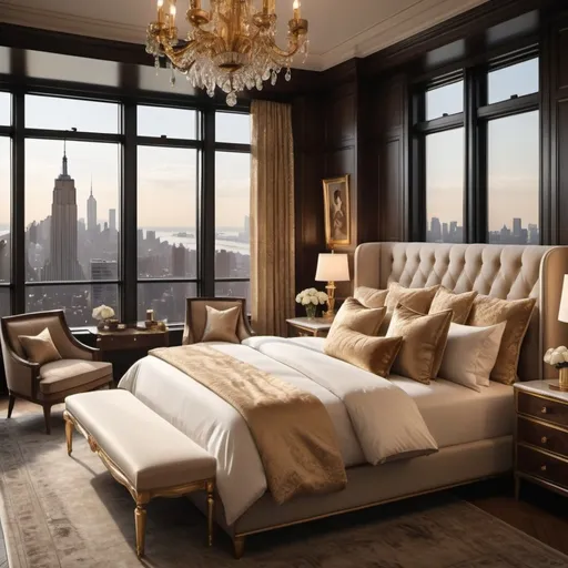 Prompt: (vintage style interior) the bedroom, luxurious New York penthouse, expansive city skyline view, elegant furnishings, soft warm lighting, gold accents, plush textures, intricate decor, sophisticated atmosphere, large windows, cozy ambiance, artistic wall art, high-quality 4K image, ultra-detailed, refined elegance, metropolitan elegance, inviting and opulent setting.