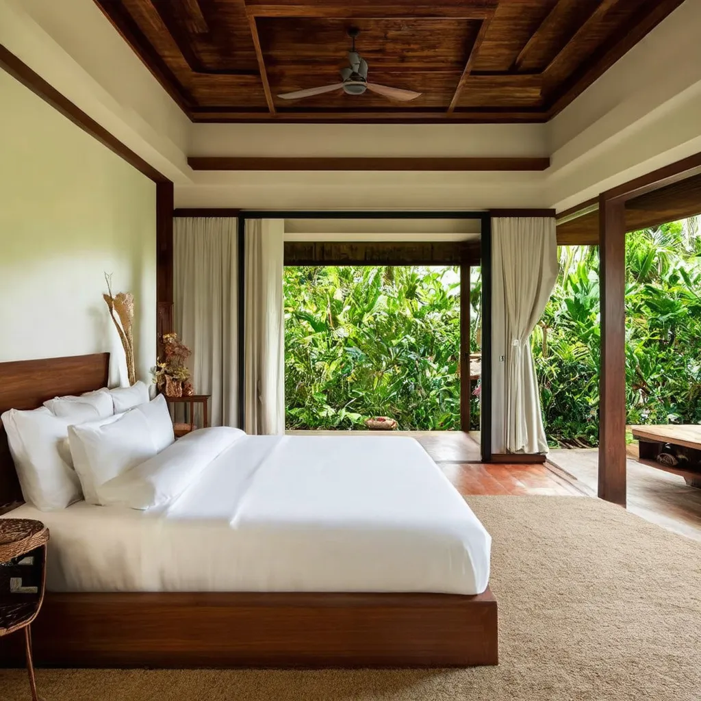 Prompt: Create an interior bedroom of a luxurious Balinese villa, seamlessly embedded in a lush, tropical landscape. The design should reflect a harmonious blend of nature and opulence, featuring open spaces, abundant greenery, and natural elements. The villa should exude a tranquil and inviting atmosphere with bright colors and luxurious furnishings