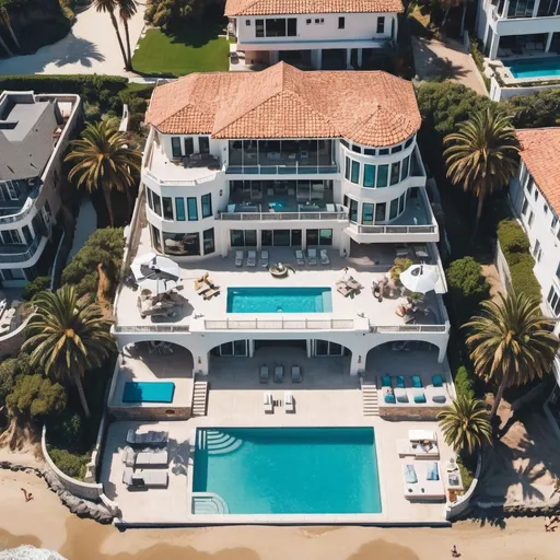 Prompt: birds view of an malibu beachfront mansion with pool and palmtrees and people partying
