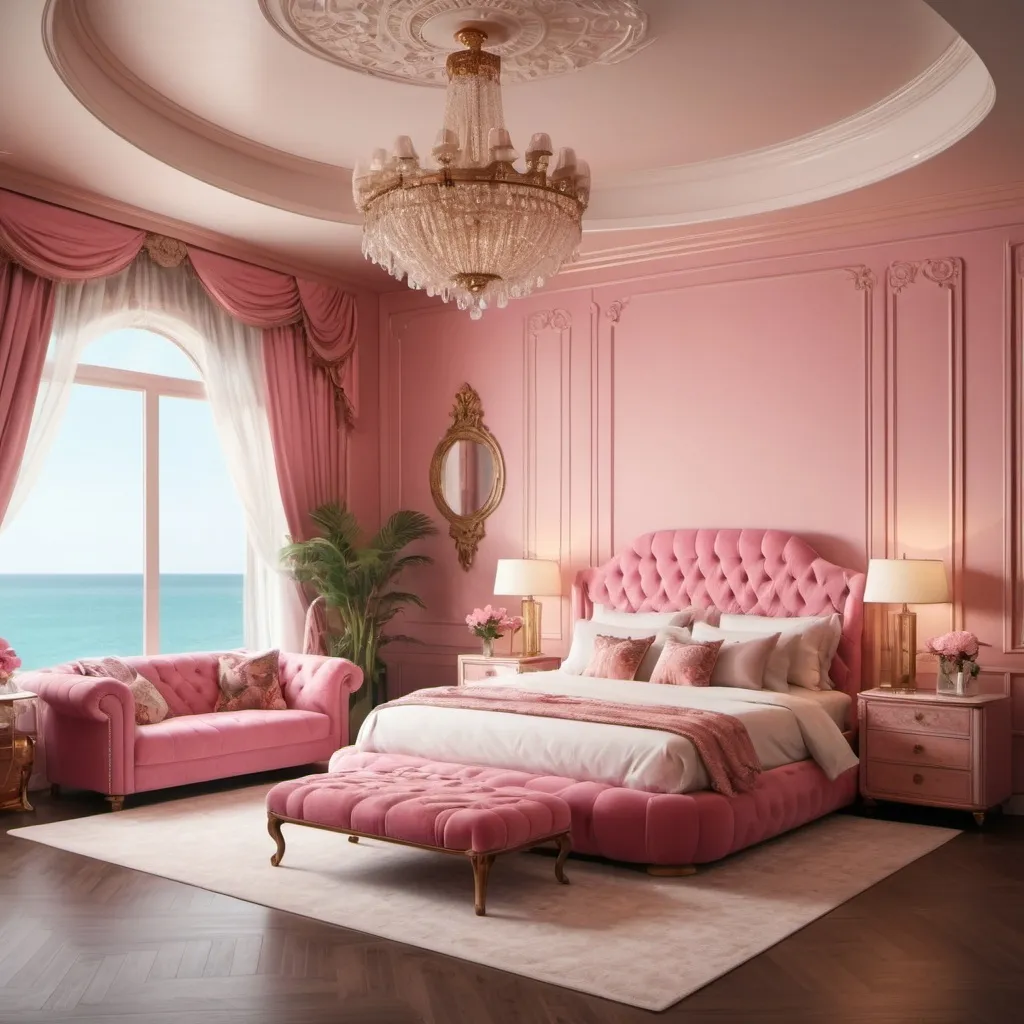 Prompt: (vintage retro luxurious bed room), ultra 4K high-definition, sophisticated decor, warm color palette, various shades of pink tones, opulent furnishings, view on the see with big windows, rich textures, elegant lighting fixtures, plush seating arrangements, intricate patterns, charming accents, surrounded by large windows for natural light, inviting ambiance reflecting elegance and comfort, 1980s design influences, stylish details and exquisite craftsmanship.