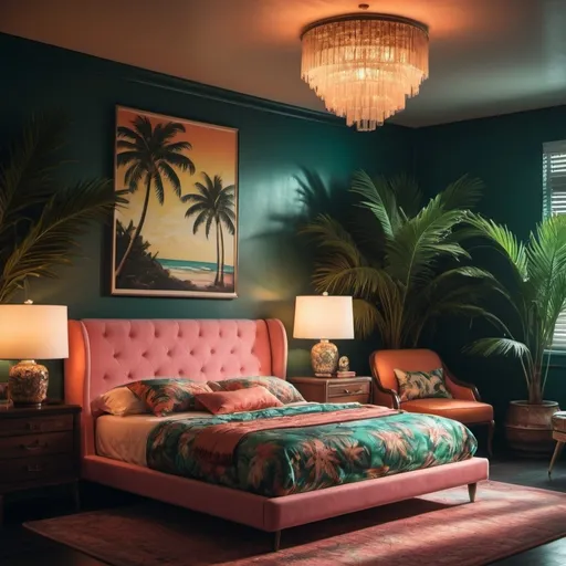 Prompt: (retro, vintage, dark lights)Design an interior scene of a luxurious bed
room in a vintage beach house mansion located in Miami, dark lighting with a retro 1980s aesthetic. The image should capture the essence of 80s luxury and tropical vibes, featuring palm trees and beach-inspired decor. Incorporate a slightly blurry, sun-drenched quality to evoke nostalgia and enhance the retro atmosphere