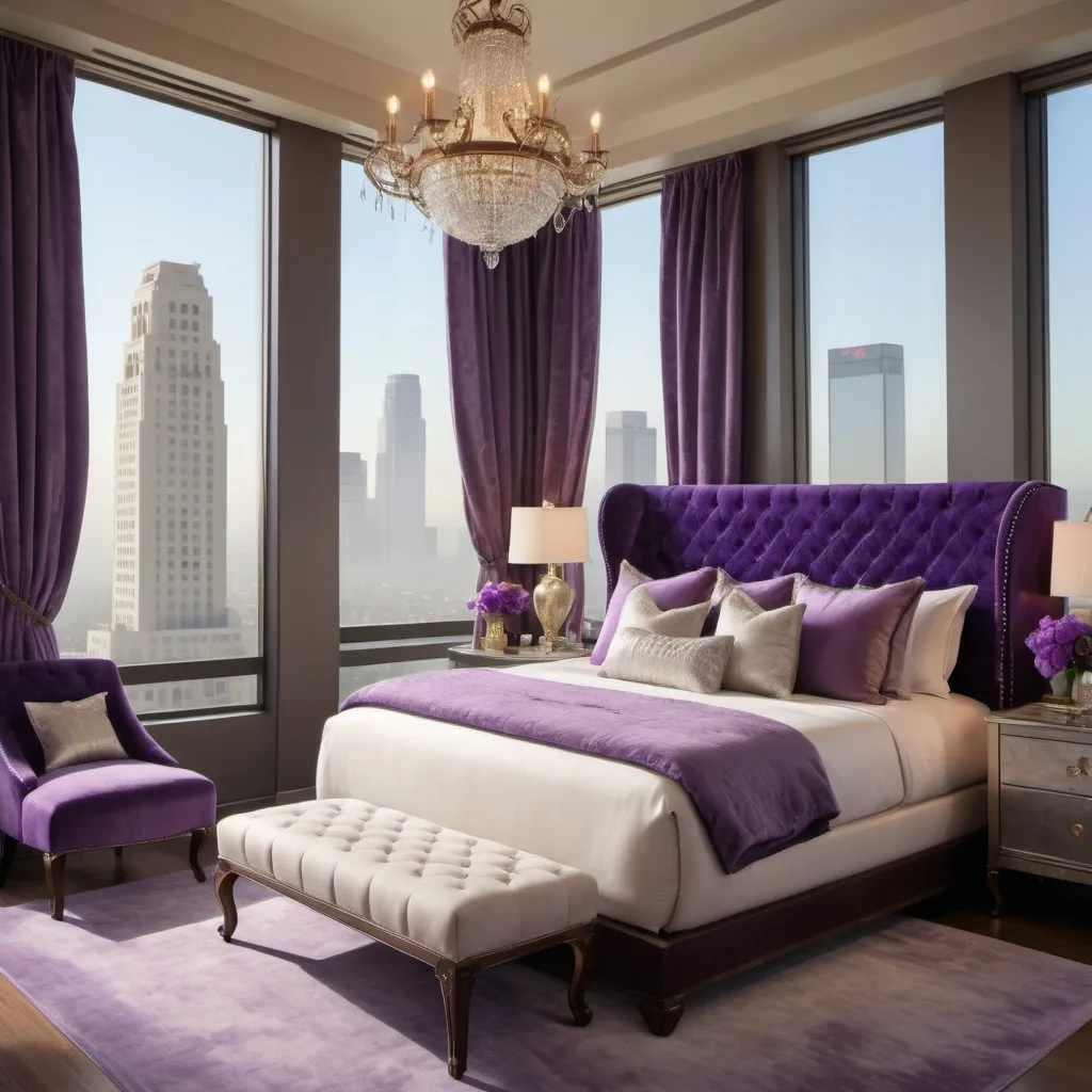 Prompt: (vintage style interior) the bed room, luxurious Los Angeles penthouse, expansive city skyline view, elegant furnishings, soft warm lighting, purple accents, plush textures, intricate decor, sophisticated atmosphere, large windows, cozy ambiance, artistic wall art, high-quality 4K image, ultra-detailed, refined elegance, metropolitan elegance, inviting and opulent setting.