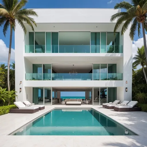 Prompt: Create a picturesque scene of a luxurious Miami beach house mansion surrounded by lush palm trees. The mansion should feature a modern yet classic architectural style, with large windows and an open layout that blends indoor and outdoor spaces. Highlight the following details:

Architecture & Exterior: A sleek, white stucco facade with clean lines, floor-to-ceiling glass doors, and a spacious balcony with glass railings. The roof should have a slight incline with a flat top, and the mansion should have multiple levels, with terraces on each floor.

Beachfront & Landscaping: Situated directly on a pristine sandy beach with a turquoise ocean backdrop. Surround the mansion with tall, swaying palm trees, manicured lawns, and tropical flowers. Include a sleek infinity pool with a seamless view of the ocean, accompanied by a stylish deck with sun loungers and umbrellas.

Atmosphere & Lighting: Set the scene during a sunny afternoon, with clear blue skies and vibrant sunlight casting reflections off the water and glass surfaces. The atmosphere should feel serene and luxurious, embodying the relaxed yet upscale vibe of Miami beachfront living.