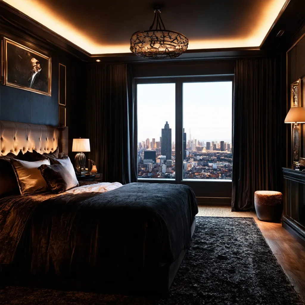 Prompt: Design an interior scene bedroom inspired by a "Scarface"-themed Los Angeles mansion belonging to a drug lord, reflecting opulence, power, and a touch of danger. The living room should exude luxury with a mix of dark colors and bright, blurry lights, creating a dramatic contrast. The design should include a view of the LA skyline, highlighting the wealth and status of the owner.