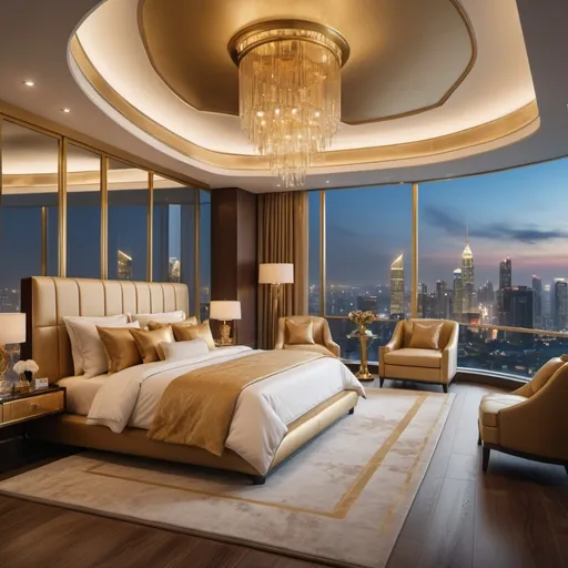 Prompt: Create a stunning interior scene of a luxurious sky penthouse bed room, featuring expansive views over a vibrant city skyline. The design should embody opulence and sophistication, with a spacious layout and a high-end aesthetic characterized by a refined use of gold tones