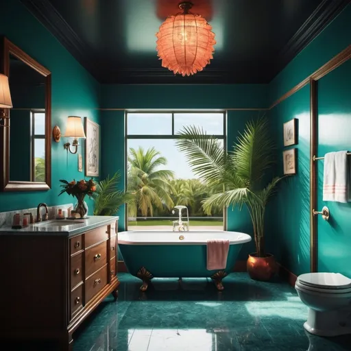 Prompt: (retro, vintage, dark lights)Design an interior scene of a luxurious bath
room in a vintage beach house mansion located in Miami, dark lighting with a retro 1980s aesthetic. The image should capture the essence of 80s luxury and tropical vibes, featuring palm trees and beach-inspired decor. Incorporate a slightly blurry, sun-drenched quality to evoke nostalgia and enhance the retro atmosphere