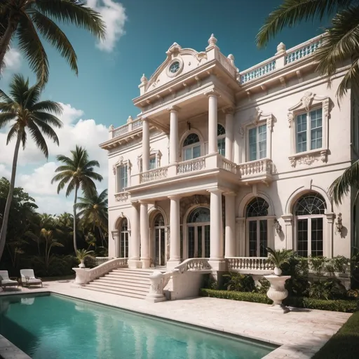 Prompt: Create an image of a stunning vintage mansion located on the beachfront in Miami. The scene should exude elegance, luxury, and a touch of historical charm, with attention to the following details: