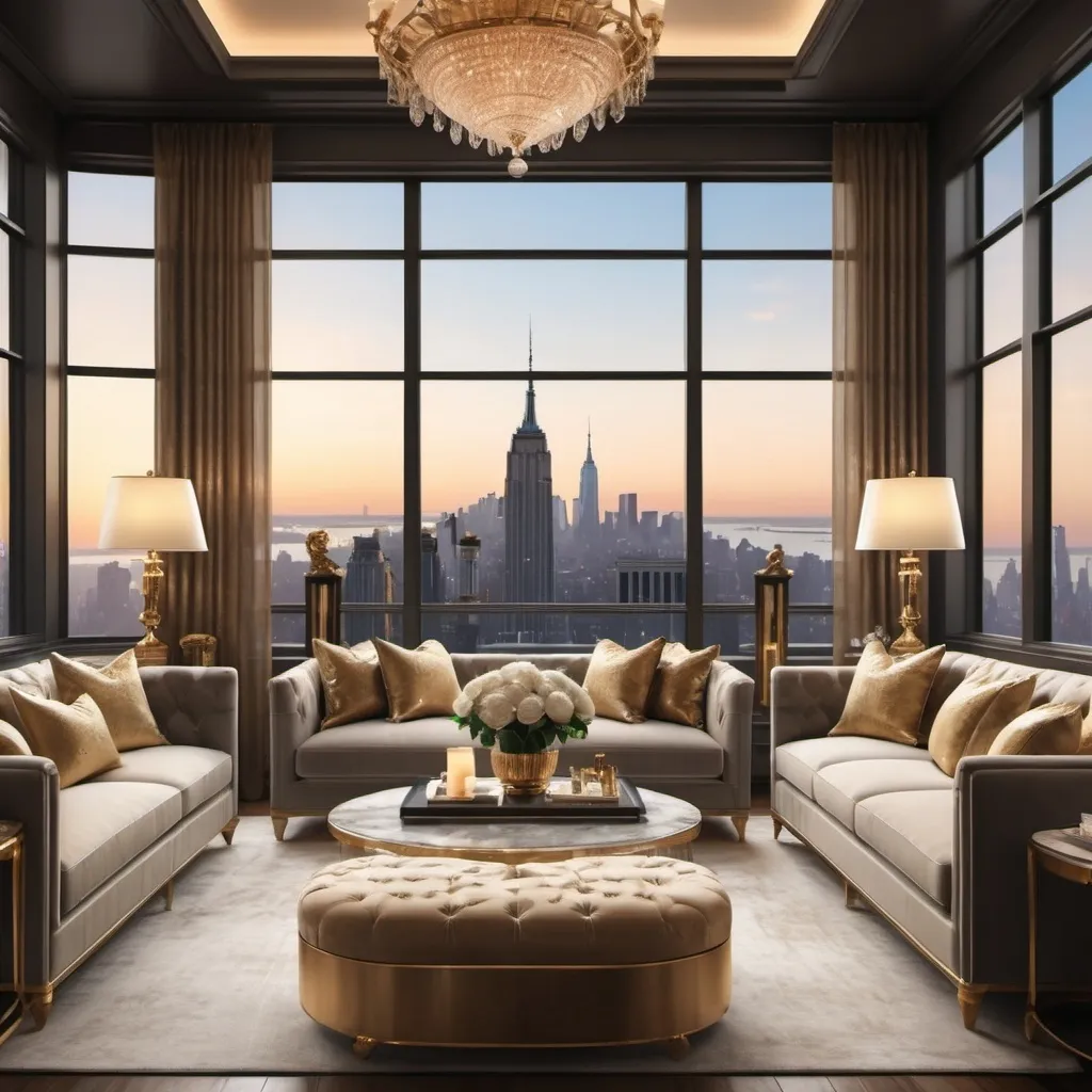 Prompt: (vintage style interior), luxurious New York penthouse, expansive city skyline view, elegant furnishings, soft warm lighting, gold accents, plush textures, intricate decor, sophisticated atmosphere, large windows, cozy ambiance, artistic wall art, high-quality 4K image, ultra-detailed, refined elegance, metropolitan elegance, inviting and opulent setting.