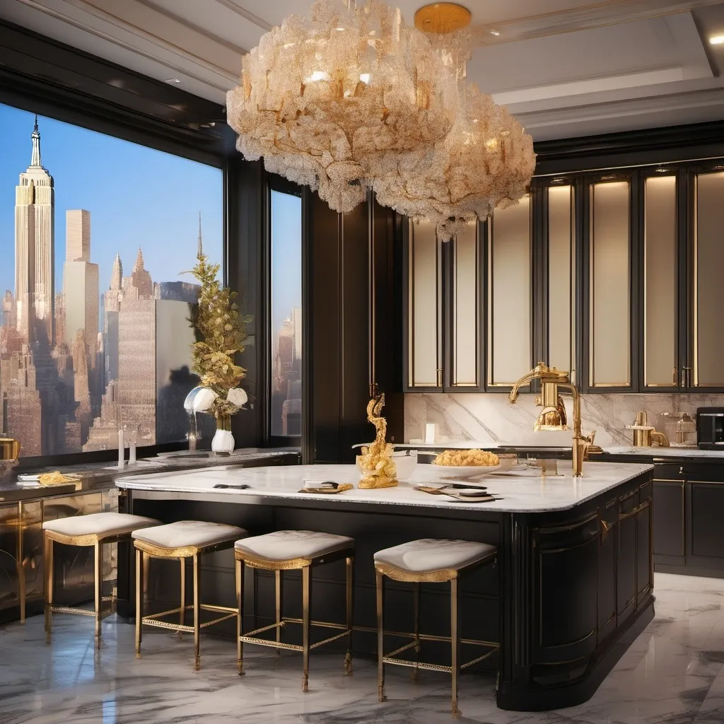 Prompt: (vintage style interior) the kitchen, luxurious New York penthouse, expansive city skyline view, elegant furnishings, soft warm lighting, gold accents, plush textures, intricate decor, sophisticated atmosphere, large windows, cozy ambiance, artistic wall art, high-quality 4K image, ultra-detailed, refined elegance, metropolitan elegance, inviting and opulent setting.