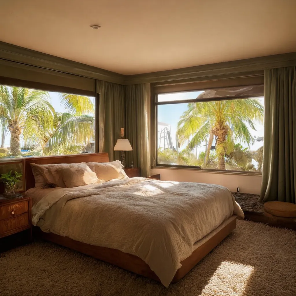 Prompt: (retro, vintage, dark lights)Design an interior scene of a luxurious bedroom in a vintage beach house mansion located in Miami, dark lighting with a retro 1980s aesthetic. The image should capture the essence of 80s luxury and tropical vibes, featuring palm trees and beach-inspired decor. Incorporate a slightly blurry, sun-drenched quality to evoke nostalgia and enhance the retro atmosphere