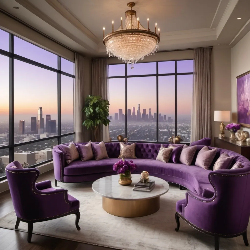 Prompt: (vintage style interior) the living room, luxurious Los Angeles penthouse, expansive city skyline view, elegant furnishings, soft warm lighting, purple accents, plush textures, intricate decor, sophisticated atmosphere, large windows, cozy ambiance, artistic wall art, high-quality 4K image, ultra-detailed, refined elegance, metropolitan elegance, inviting and opulent setting.