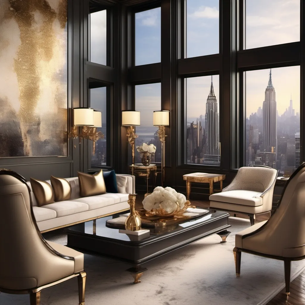 Prompt: (vintage style interior) the living room, luxurious New York penthouse, expansive city skyline view, elegant furnishings, soft warm lighting, gold accents, plush textures, intricate decor, sophisticated atmosphere, large windows, cozy ambiance, artistic wall art, high-quality 4K image, ultra-detailed, refined elegance, metropolitan elegance, inviting and opulent setting.