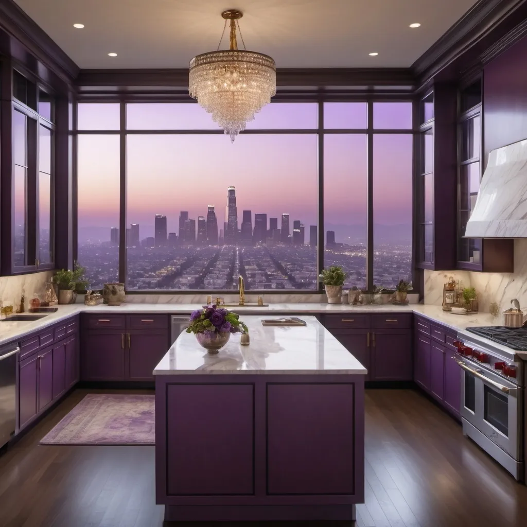 Prompt: (vintage style interior) the kitchen, luxurious Los Angeles penthouse, expansive city skyline view, elegant furnishings, soft warm lighting, purple accents, plush textures, intricate decor, sophisticated atmosphere, large windows, cozy ambiance, artistic wall art, high-quality 4K image, ultra-detailed, refined elegance, metropolitan elegance, inviting and opulent setting.