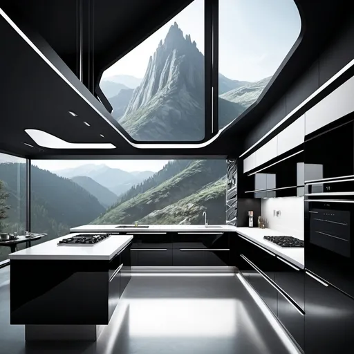 Prompt: Design a high-definition interior of a kitchen of a futuristic superhero's house nestled in the mountains. The space should blend cutting-edge technology with sleek, modern aesthetics, reflecting both the high-tech lifestyle and the rugged, serene mountain environment