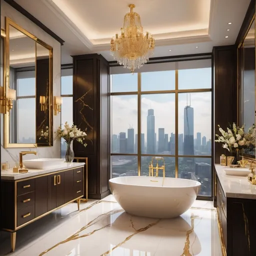 Prompt: Create a stunning interior scene of a luxurious sky penthouse bathroom, featuring expansive views over a vibrant city skyline. The design should embody opulence and sophistication, with a spacious layout and a high-end aesthetic characterized by a refined use of gold tones