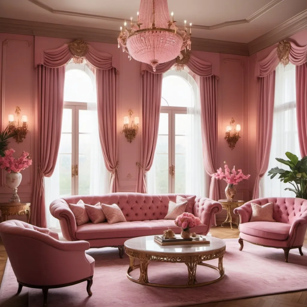 Prompt: (vintage retro luxurious living room), ultra 4K high-definition, sophisticated decor, warm color palette, various shades of pink tones, opulent furnishings, rich textures, elegant lighting fixtures, plush seating arrangements, intricate patterns, charming accents, surrounded by large windows for natural light, inviting ambiance reflecting elegance and comfort, 1980s design influences, stylish details and exquisite craftsmanship.