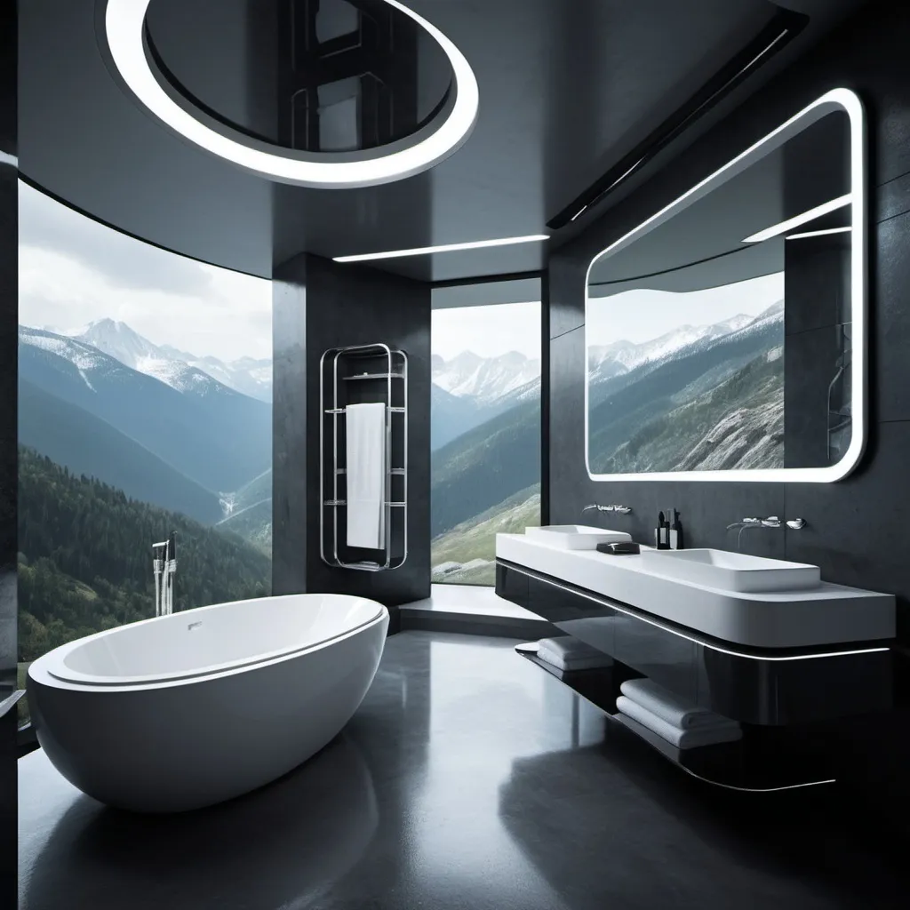 Prompt: Design a high-definition interior of a bathroom of a futuristic superhero's house nestled in the mountains. The space should blend cutting-edge technology with sleek, modern aesthetics, reflecting both the high-tech lifestyle and the rugged, serene mountain environment