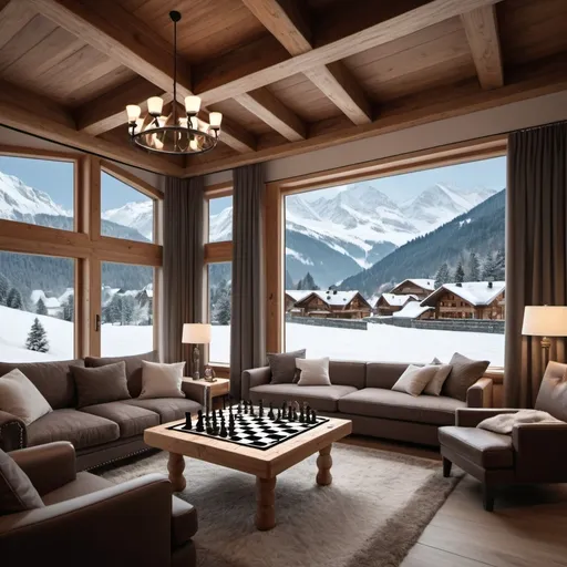 Prompt: Design the interior of a cozy living room with high definition people playing chess on a table  relaxing in the bed in a luxurious Swiss mountain lodge, showcasing a breathtaking view of snow-covered mountains with snow gently falling outside. The room should exude warmth and comfort, with high-quality, ultra-definition details. much luxus. 