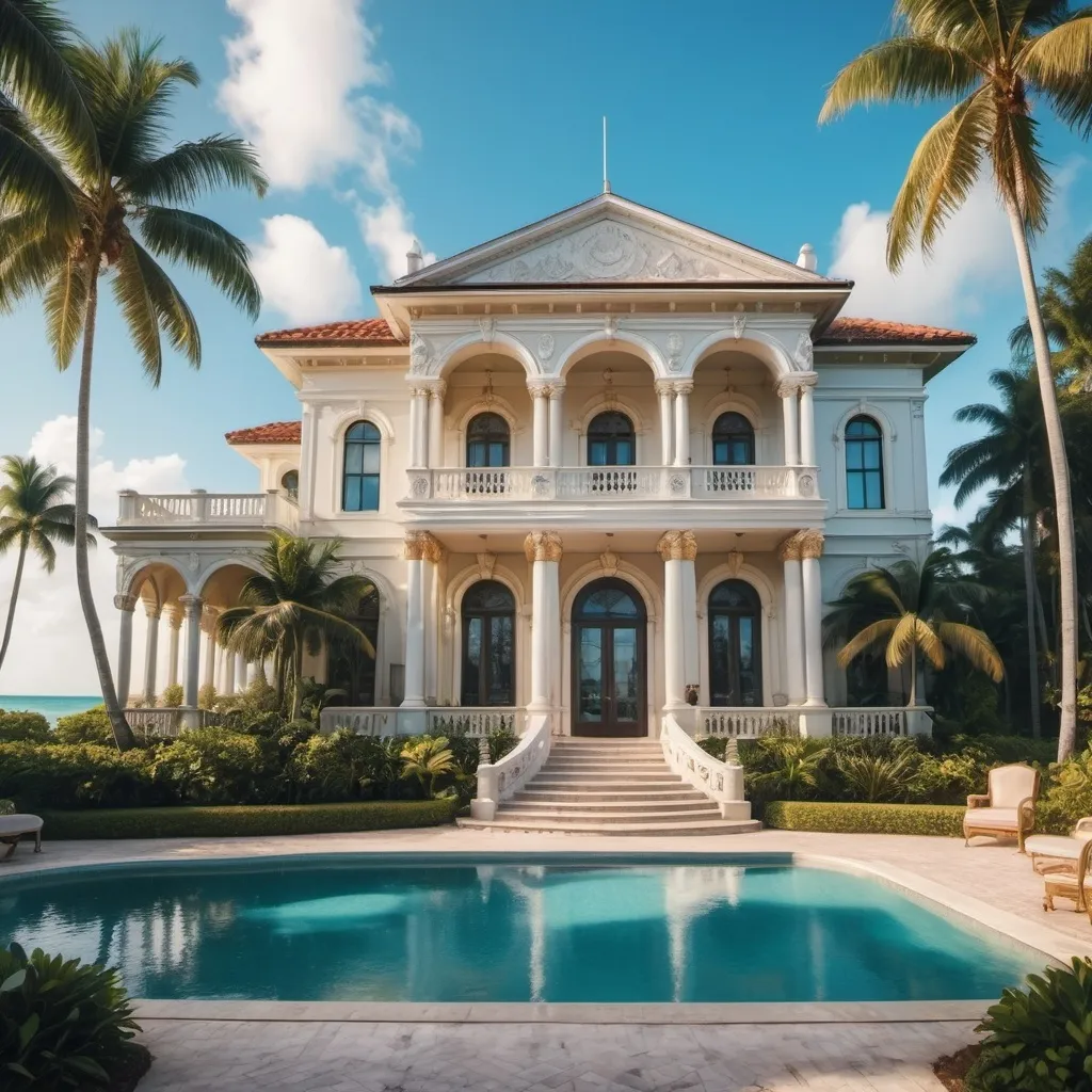 Prompt: Create an image of a stunning vintage mansion located on the beachfront in Miami. The scene should exude elegance, luxury, and a touch of historical charm, with attention to the following details: