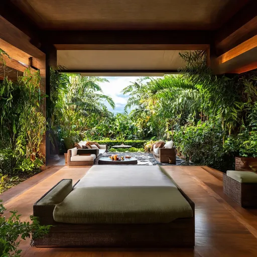 Prompt: Create an interior living  room of a luxurious Balinese villa, seamlessly embedded in a lush, tropical landscape. The design should reflect a harmonious blend of nature and opulence, featuring open spaces, abundant greenery, and natural elements. The villa should exude a tranquil and inviting atmosphere with bright colors and luxurious furnishings