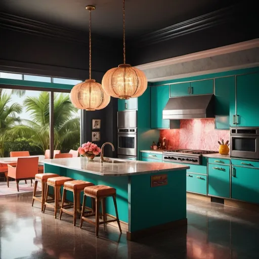 Prompt: (retro, vintage, dark lights)Design an interior scene of a luxurious kitchen in a vintage beach house mansion located in Miami, dark lighting with a retro 1980s aesthetic. The image should capture the essence of 80s luxury and tropical vibes, featuring palm trees and beach-inspired decor. Incorporate a slightly blurry, sun-drenched quality to evoke nostalgia and enhance the retro atmosphere