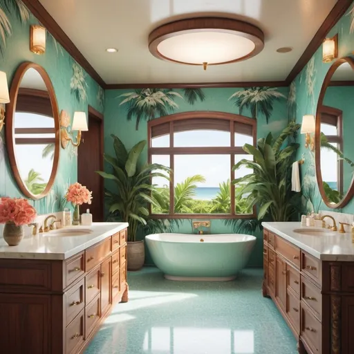 Prompt: Design an interior scene of a spacious and luxurious bathroom in a vintage beach house mansion in Hawaii, featuring a retro 1980s aesthetic. The room should evoke a sense of tropical opulence, blending laid-back island vibes with the distinctive style of the 80s. Incorporate a slightly dreamy, slightly blurry vision to enhance the nostalgic feel, no good quality for vintage look

