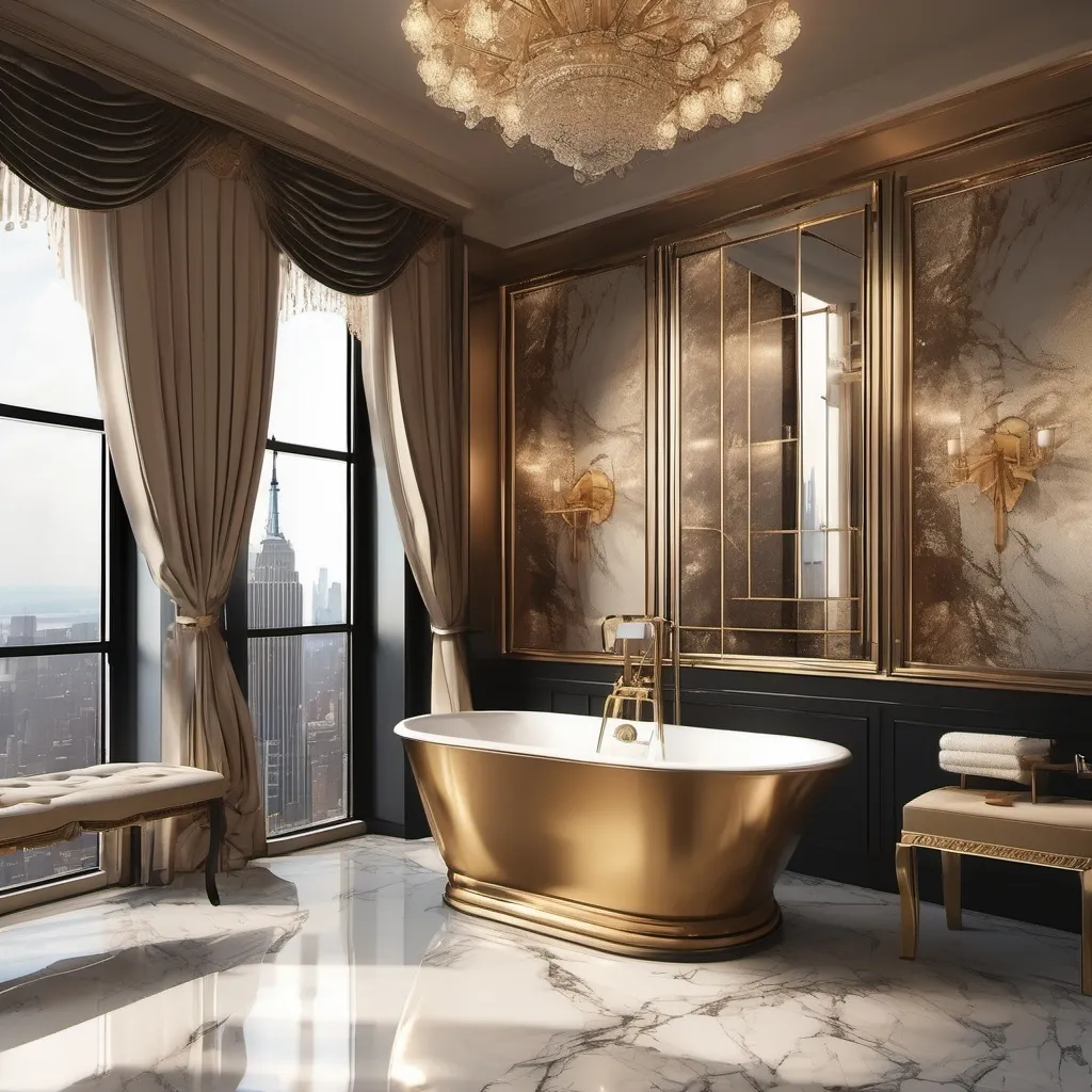 Prompt: (vintage style interior) the bathroom, luxurious New York penthouse, expansive city skyline view, elegant furnishings, soft warm lighting, gold accents, plush textures, intricate decor, sophisticated atmosphere, large windows, cozy ambiance, artistic wall art, high-quality 4K image, ultra-detailed, refined elegance, metropolitan elegance, inviting and opulent setting.