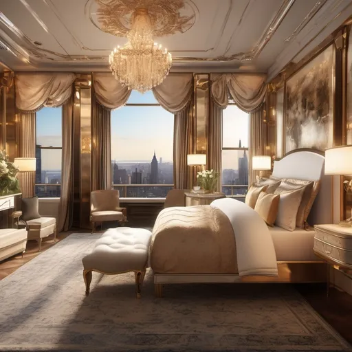 Prompt: (vintage style interior) the bedroom, luxurious New York penthouse, expansive city skyline view, elegant furnishings, soft warm lighting, gold accents, plush textures, intricate decor, sophisticated atmosphere, large windows, cozy ambiance, artistic wall art, high-quality 4K image, ultra-detailed, refined elegance, metropolitan elegance, inviting and opulent setting.