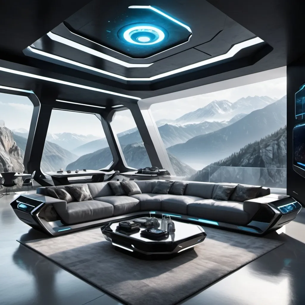 Prompt: Design a high-definition interior of a living room of a futuristic superhero's house nestled in the mountains. The space should blend cutting-edge technology with sleek, modern aesthetics, reflecting both the high-tech lifestyle and the rugged, serene mountain environment