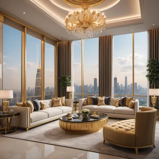Prompt: Create a stunning interior scene of a luxurious sky penthouse living room, featuring expansive views over a vibrant city skyline. The design should embody opulence and sophistication, with a spacious layout and a high-end aesthetic characterized by a refined use of gold tones