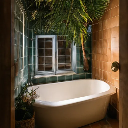 Prompt: (retro, vintage, dark lights)Design an interior scene of a luxurious bathroom in a vintage beach house mansion located in Miami, dark lighting with a retro 1980s aesthetic. The image should capture the essence of 80s luxury and tropical vibes, featuring palm trees and beach-inspired decor. Incorporate a slightly blurry, sun-drenched quality to evoke nostalgia and enhance the retro atmosphere