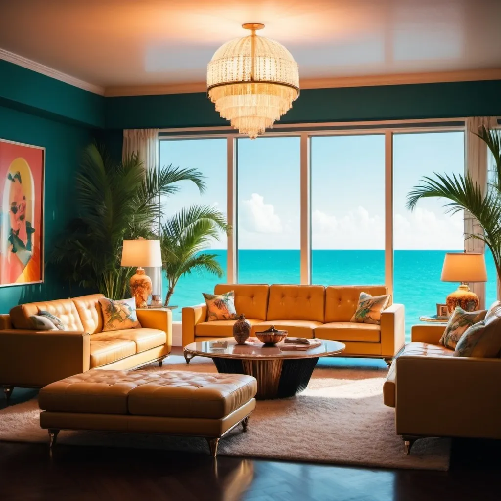 Prompt: (retro, vintage)Design an interior scene of a luxurious living room in a vintage beach house mansion located in Miami, dark lighting with a retro 1980s aesthetic. The image should capture the essence of 80s luxury and tropical vibes, featuring palm trees and beach-inspired decor. Incorporate a slightly blurry, sun-drenched quality to evoke nostalgia and enhance the retro atmosphere