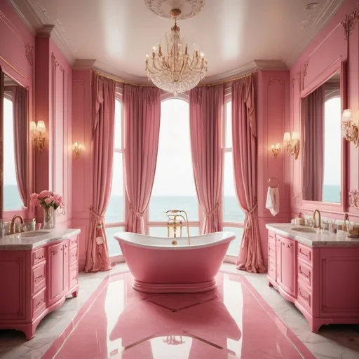 Prompt: (vintage retro luxurious bathroom), ultra 4K high-definition, sophisticated decor, warm color palette, various shades of pink tones, opulent furnishings, view on the see with big windows, rich textures, elegant lighting fixtures, plush seating arrangements, intricate patterns, charming accents, surrounded by large windows for natural light, inviting ambiance reflecting elegance and comfort, 1980s design influences, stylish details and exquisite craftsmanship.