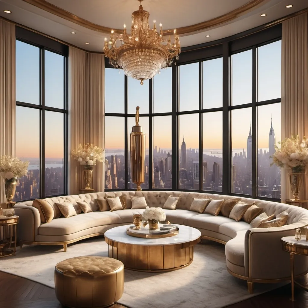 Prompt: (vintage style interior), luxurious New York penthouse, expansive city skyline view, elegant furnishings, soft warm lighting, gold accents, plush textures, intricate decor, sophisticated atmosphere, large windows, cozy ambiance, artistic wall art, high-quality 4K image, ultra-detailed, refined elegance, metropolitan elegance, inviting and opulent setting.