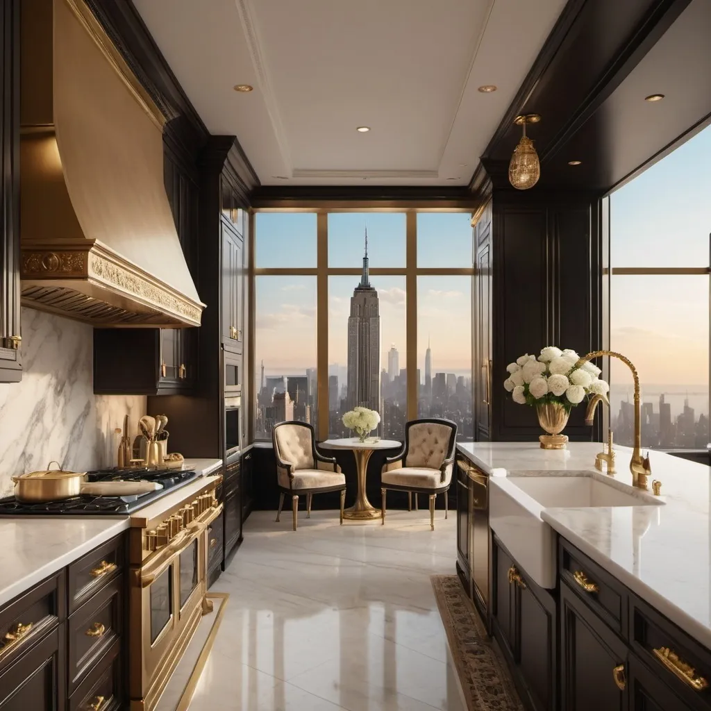 Prompt: (vintage style interior) the kitchen, luxurious New York penthouse, expansive city skyline view, elegant furnishings, soft warm lighting, gold accents, plush textures, intricate decor, sophisticated atmosphere, large windows, cozy ambiance, artistic wall art, high-quality 4K image, ultra-detailed, refined elegance, metropolitan elegance, inviting and opulent setting.