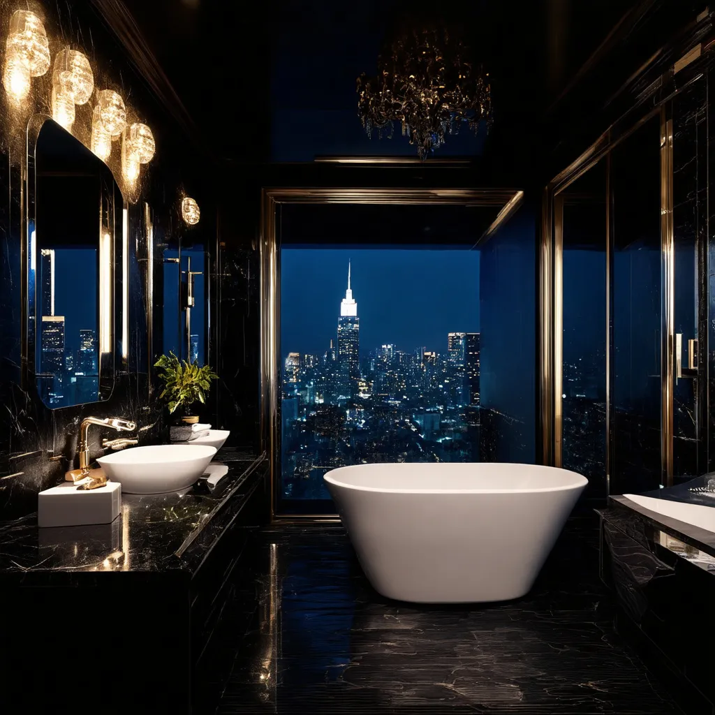 Prompt: Design an interior scene bathroom inspired by a "Scarface"-themed Los Angeles mansion belonging to a drug lord, reflecting opulence, power, and a touch of danger. The living room should exude luxury with a mix of dark colors and bright, blurry lights, creating a dramatic contrast. The design should include a view of the LA skyline, highlighting the wealth and status of the owner.