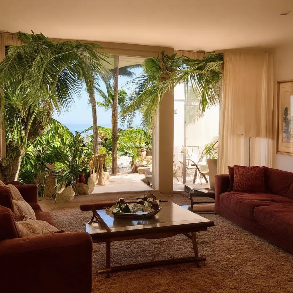 Prompt: (retro, vintage, dark lights)Design an interior scene of a luxurious living room in a vintage beach house mansion located in Miami, dark lighting with a retro 1980s aesthetic. The image should capture the essence of 80s luxury and tropical vibes, featuring palm trees and beach-inspired decor. Incorporate a slightly blurry, sun-drenched quality to evoke nostalgia and enhance the retro atmosphere