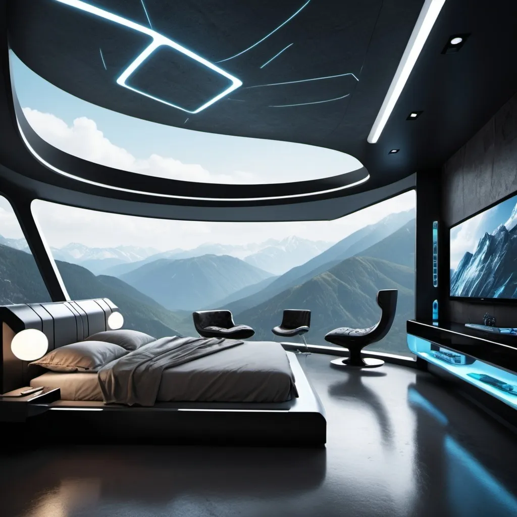 Prompt: Design a high-definition interior of a bed room of a futuristic superhero's house nestled in the mountains. The space should blend cutting-edge technology with sleek, modern aesthetics, reflecting both the high-tech lifestyle and the rugged, serene mountain environment