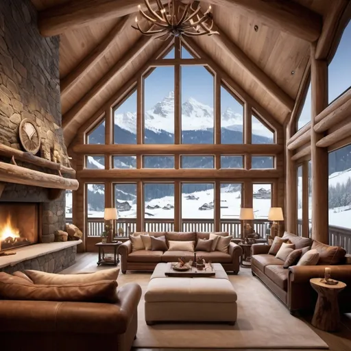 Prompt: Design the interior of a cozy living room in a luxurious Swiss mountain lodge, showcasing a breathtaking view of snow-covered mountains with snow gently falling outside. The room should exude warmth and comfort, with high-quality, ultra-definition details.