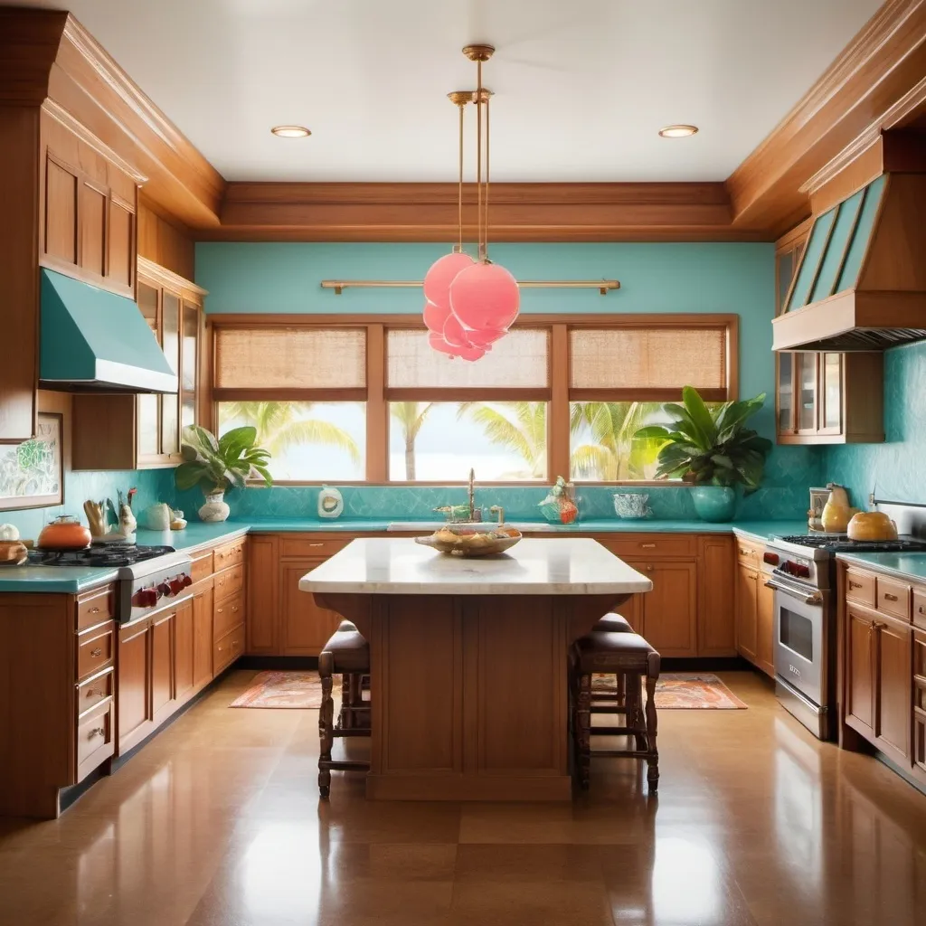 Prompt: Design an interior scene of a spacious and luxurious kitchen in a vintage beach house mansion in Hawaii, featuring a retro 1980s aesthetic. The room should evoke a sense of tropical opulence, blending laid-back island vibes with the distinctive style of the 80s. Incorporate a slightly dreamy, slightly blurry vision to enhance the nostalgic feel, no good quality for vintage look
