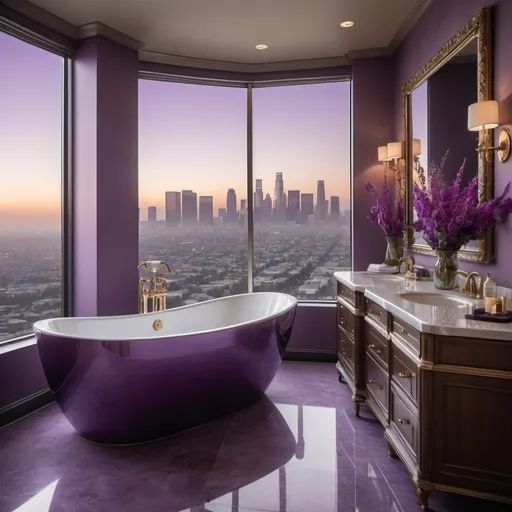 Prompt: (vintage style interior) the bathroom, luxurious Los Angeles penthouse, expansive city skyline view, elegant furnishings, soft warm lighting, purple accents, plush textures, intricate decor, sophisticated atmosphere, large windows, cozy ambiance, artistic wall art, high-quality 4K image, ultra-detailed, refined elegance, metropolitan elegance, inviting and opulent setting.