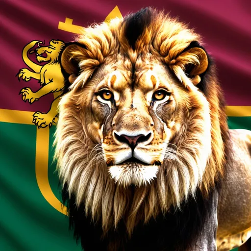 Prompt: Create a 3D photo of a lion in front of the Sri Lankan flag