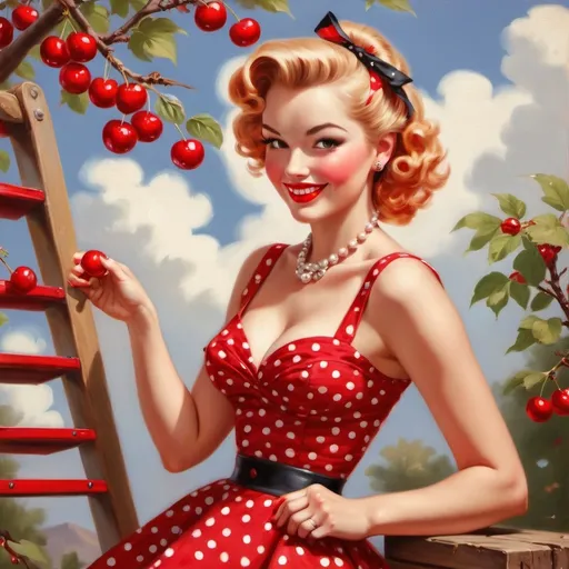 Prompt: Elvgren-style 50s pin-up picking cherries on a short ladder, vintage oil painting, retro fashion, radiant smile, cherry red lipstick, polka dot dress, detailed cherry tree, warm and vibrant colors, soft natural lighting, high quality, vintage, retro, radiant smile, detailed clothing, nostalgic vibes