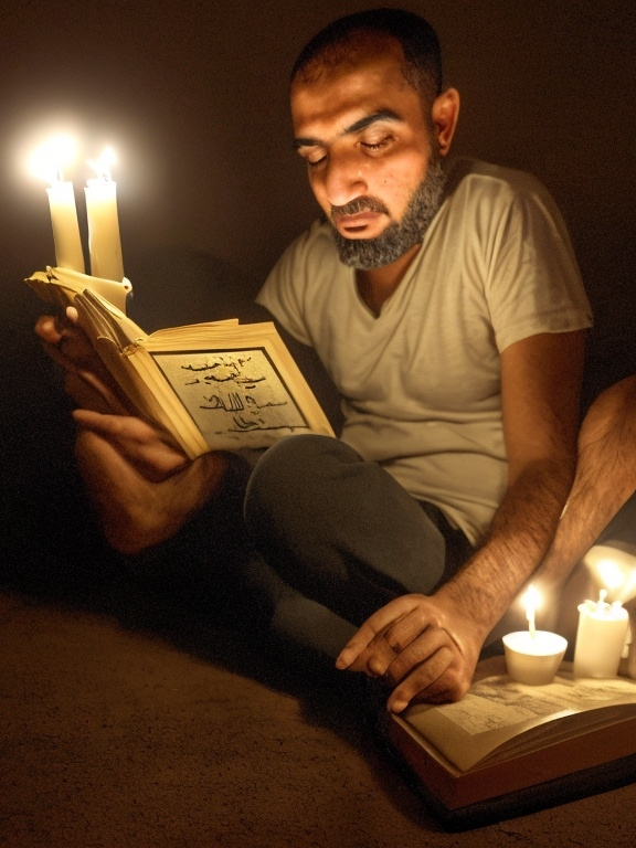 Prompt: An Arab man sits on the floor reading a book of magic in a terrifying atmosphere, with candles next to him