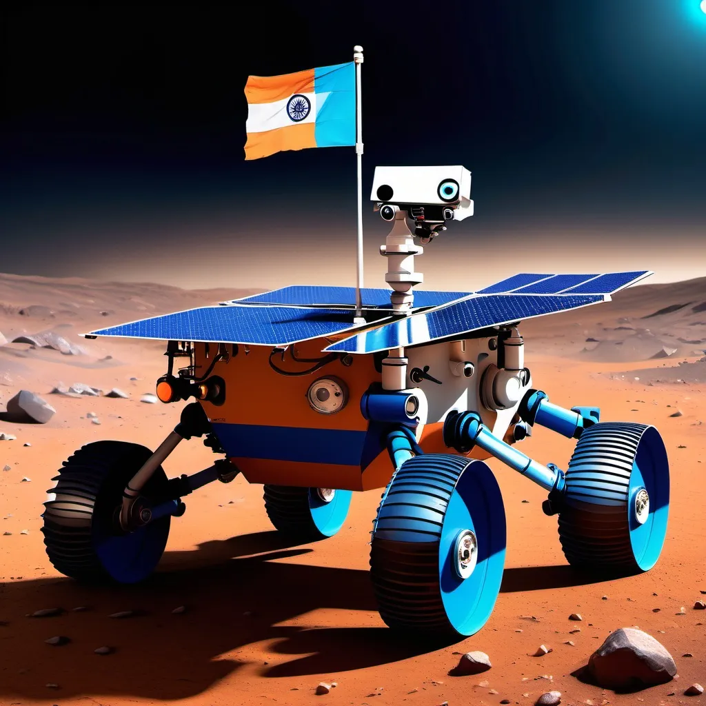 Prompt: A Mars rover with a Indian flag in the storm and it's eyes glow in blue colour during night