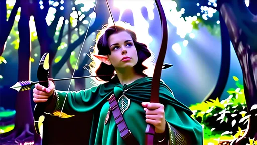 Prompt: Elf ranger, ethereal beauty, intricate details on flowing green cloak, bow in hand, standing poised, surrounded by towering ancient trees, dappled sunlight filtering through leaves, vibrant greenery, enchanting atmosphere, sprinkles of magical dust, serene and mystical vibe, ultra-detailed, enchanting forest background, high resolution.