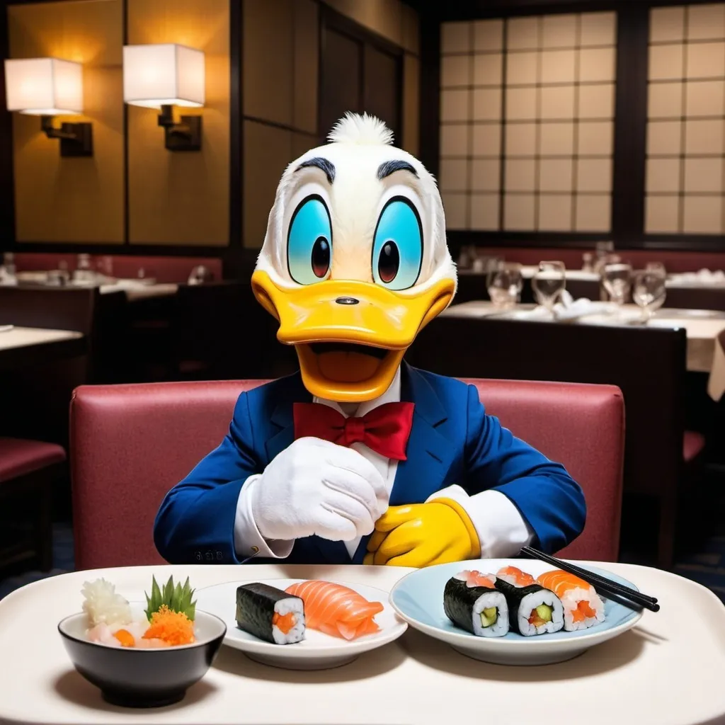 Prompt: Show that Donald Duck is sitting in fine dine and eating sushi 