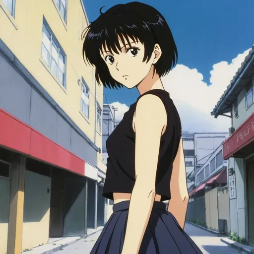 Prompt: 1990s anime screencap, a girl, short hair, skirt, black hair, emo, tokyo, anime scene