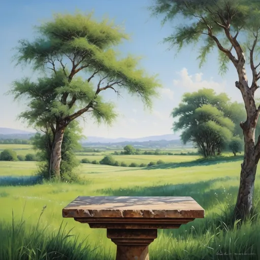 Prompt: An exquisite scene with a clear blue sky and verdant green grass. Positioned on a wooden pedestal, a product blends harmoniously with its natural surroundings. The detailed brushwork and subtle textures bring the image to life, evoking a sense of authenticity and tranquility. **(Realistic oil painting, clear blue sky, natural surroundings)**